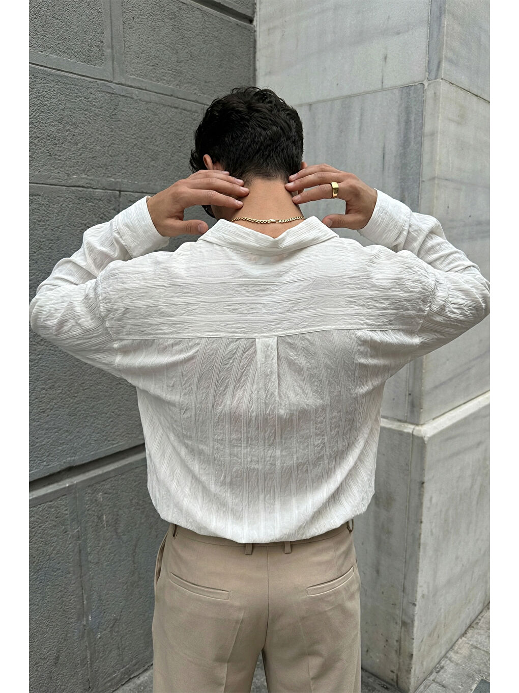 Beyaz Maze Premium Oversize Erkek Gömlek Dokulu Çizgili-3