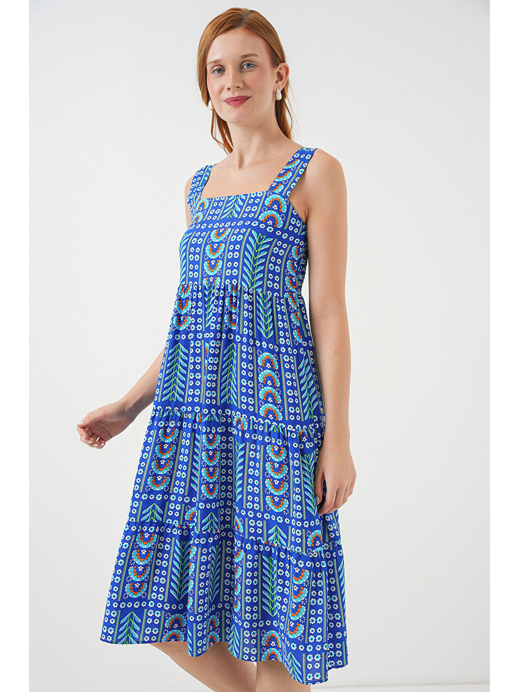 Mavi Kadın Desenli Askılı Midi Elbise 2577 - Saks-3