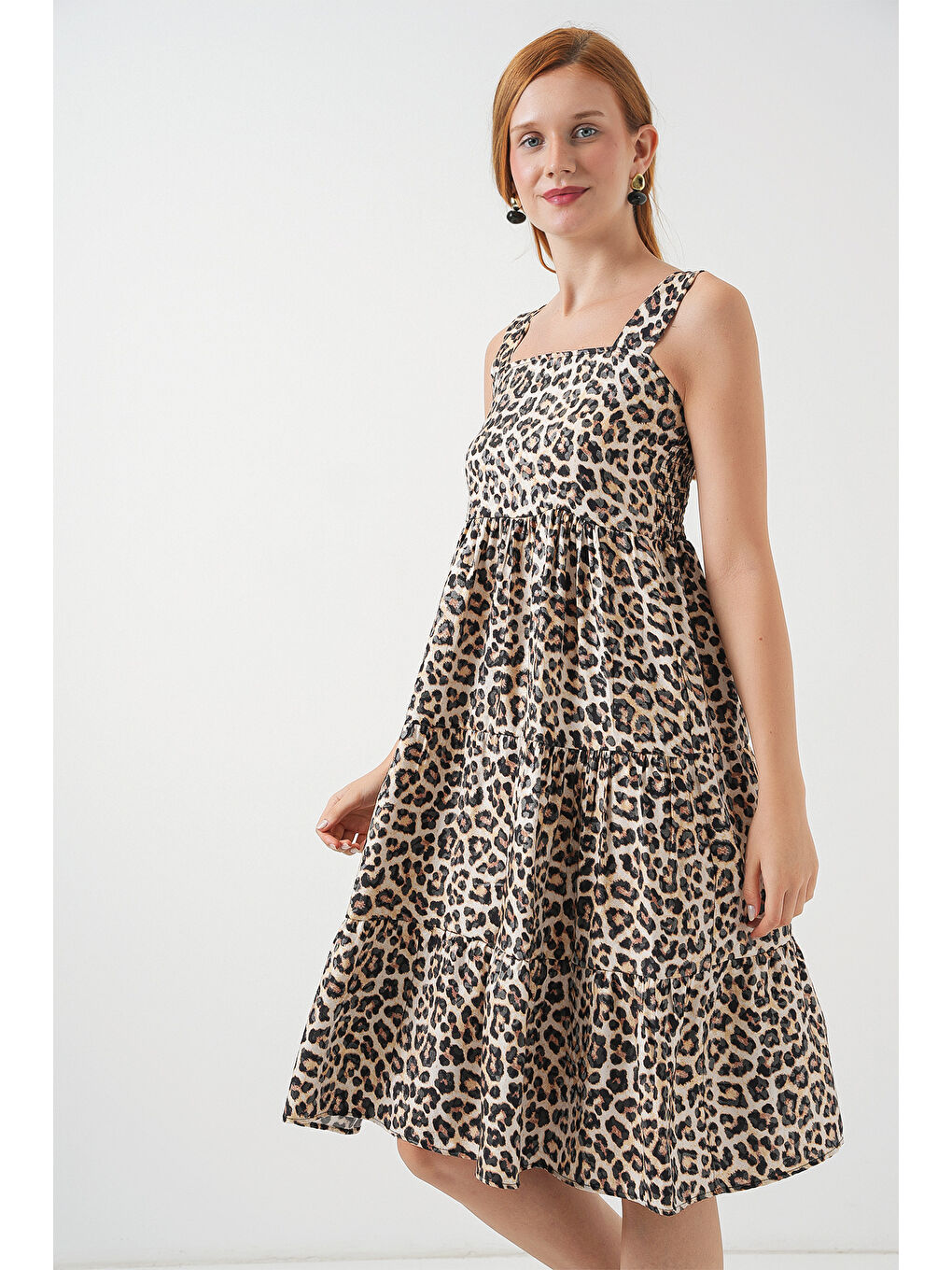 Kadın Desenli Askılı Midi Elbise 2577 - C. Kahverengi-2