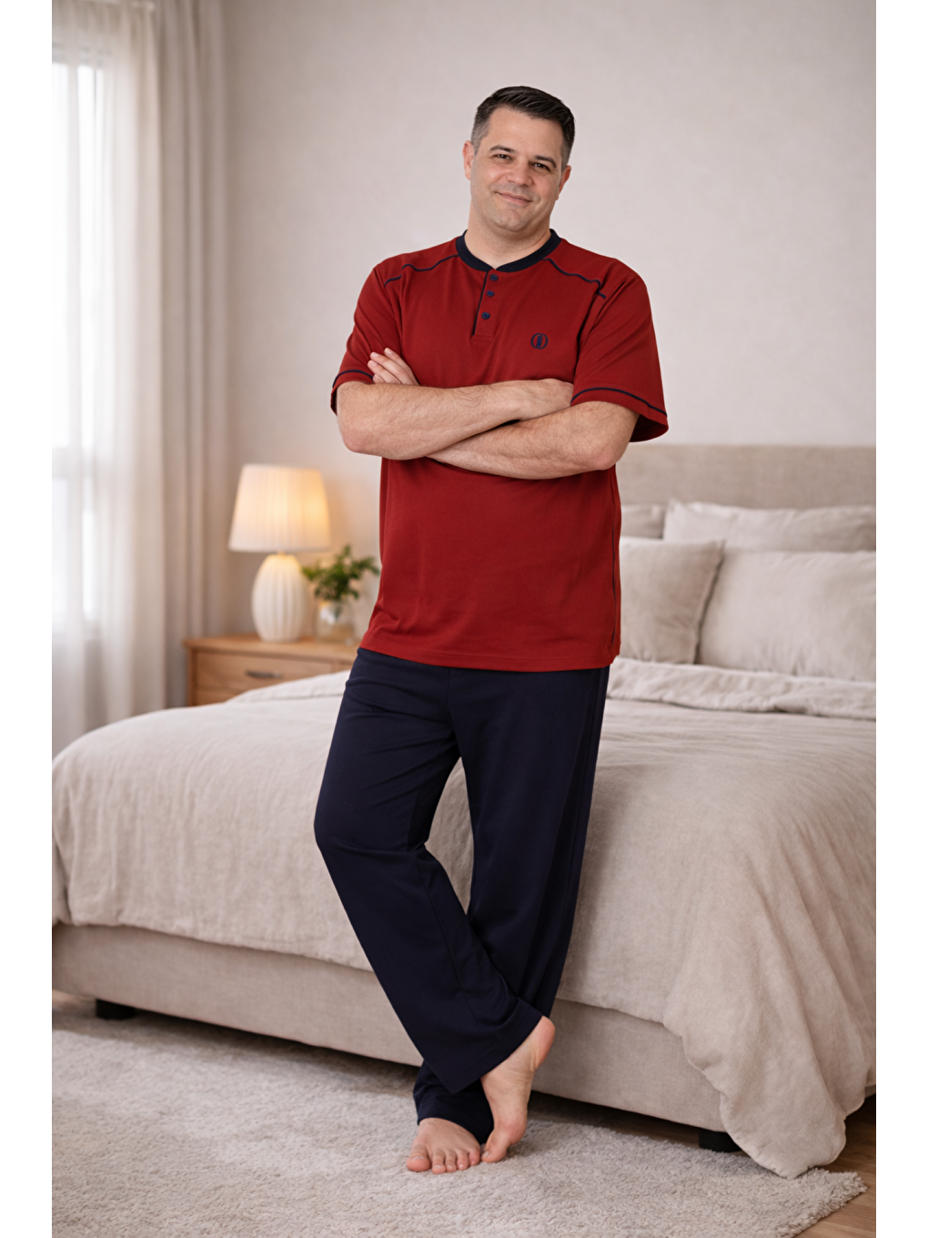 Bordo PREMIUM Erkek %100 Doğal Pamuk Biyeli Yüksek Kaliteli Düğmeli Kısa Kollu Battal Pijama Takımı