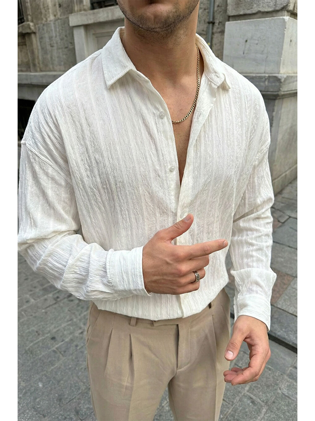 Beyaz Maze Premium Oversize Erkek Gömlek Dokulu Çizgili-4