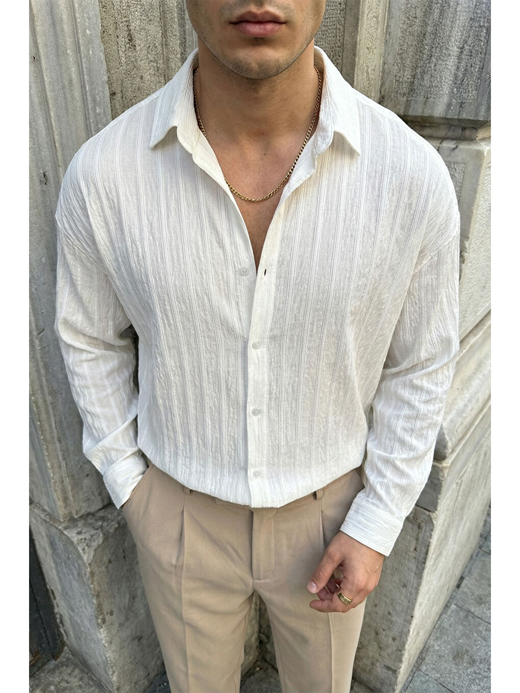 Beyaz Maze Premium Oversize Erkek Gömlek Dokulu Çizgili-5