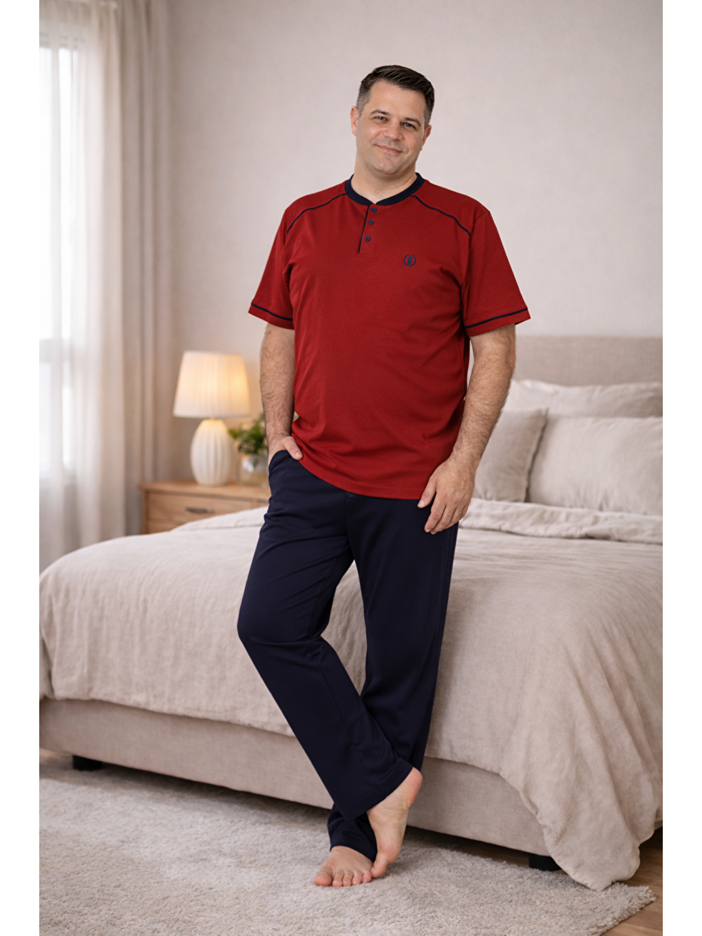 Bordo PREMIUM Erkek %100 Doğal Pamuk Biyeli Yüksek Kaliteli Düğmeli Kısa Kollu Battal Pijama Takımı-1