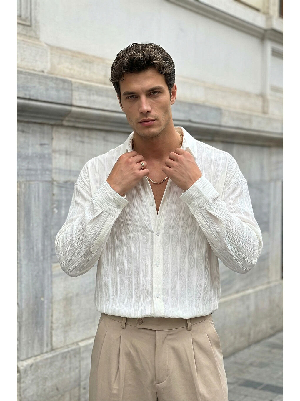 Beyaz Maze Premium Oversize Erkek Gömlek Dokulu Çizgili-6