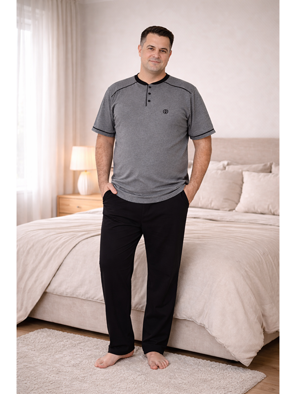 Antrasit PREMIUM Erkek %100 Doğal Pamuk Biyeli Yüksek Kaliteli Düğmeli Kısa Kollu Battal Pijama Takımı