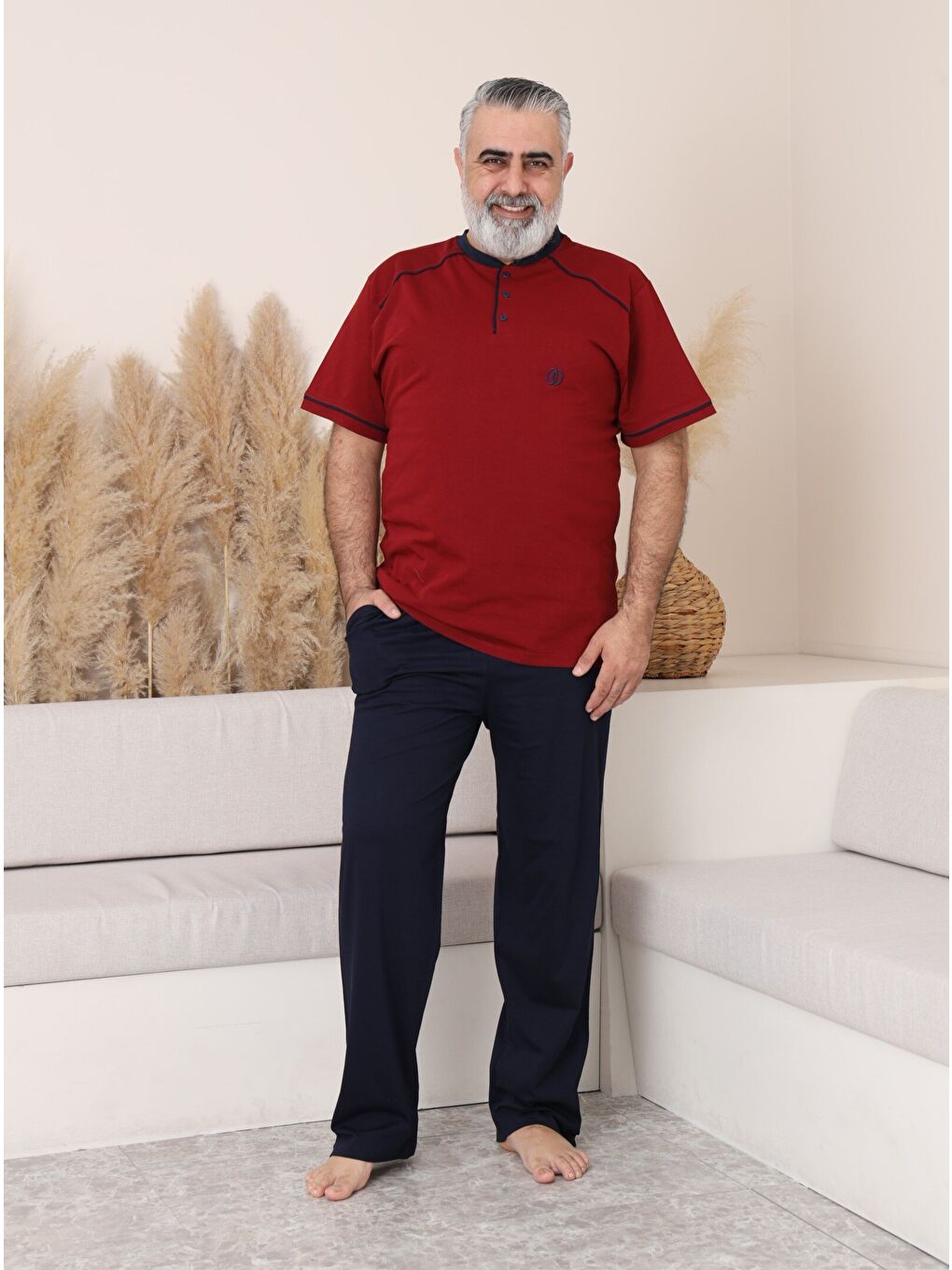 Bordo PREMIUM Erkek %100 Doğal Pamuk Biyeli Yüksek Kaliteli Düğmeli Kısa Kollu Battal Pijama Takımı-2