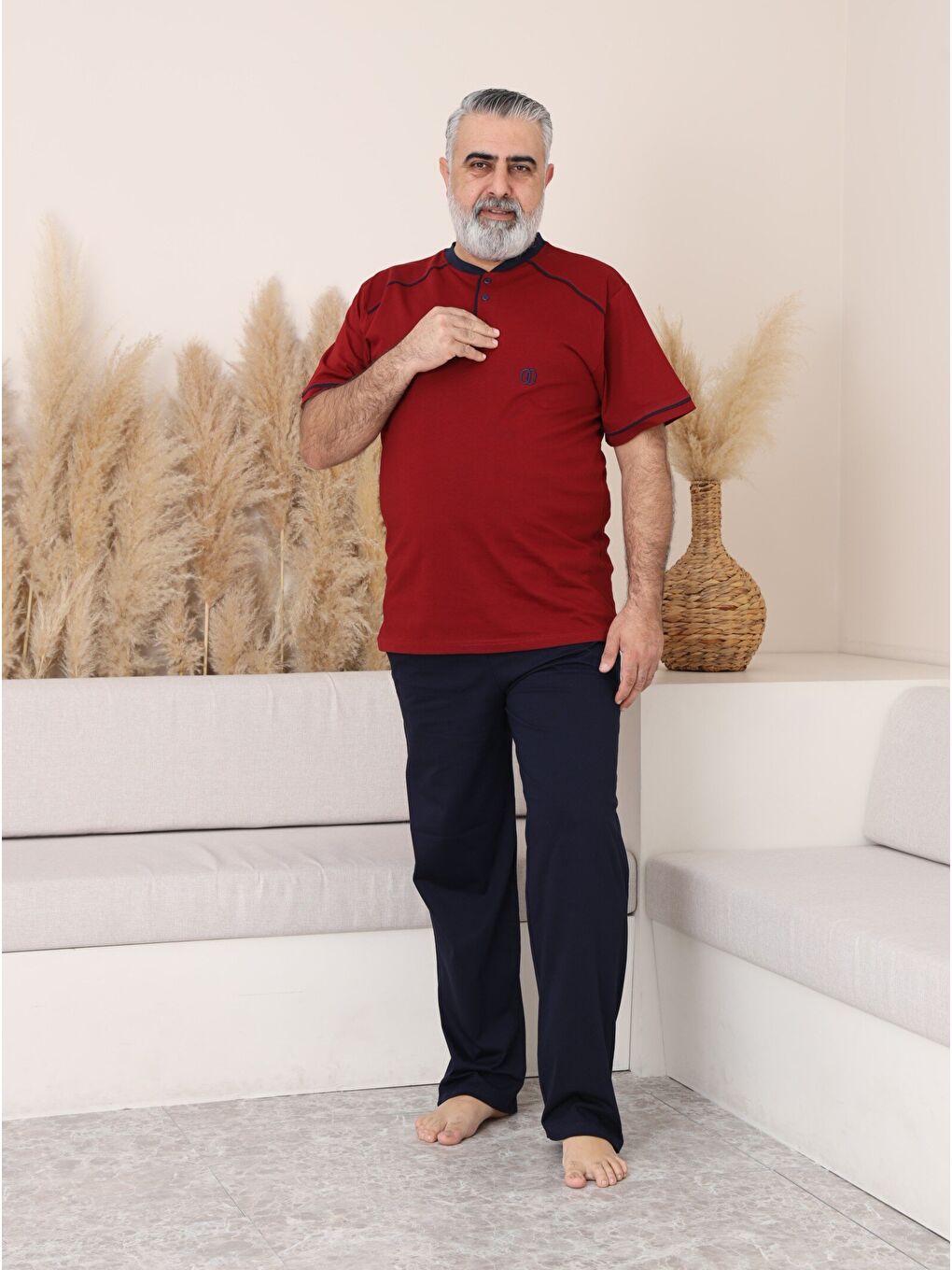 Bordo PREMIUM Erkek %100 Doğal Pamuk Biyeli Yüksek Kaliteli Düğmeli Kısa Kollu Battal Pijama Takımı-3