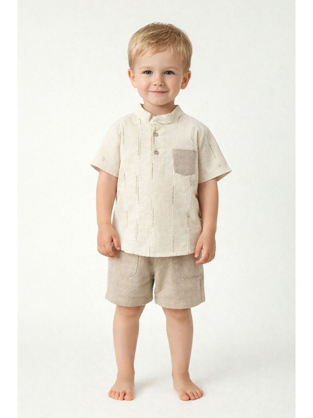 Ekru Tarz Gömlek Çizgi Desenli Belden Ayarlanabilir Kısa Kollu Şortlu 2'li Takım Çocuk ve Bebek Giyi-1
