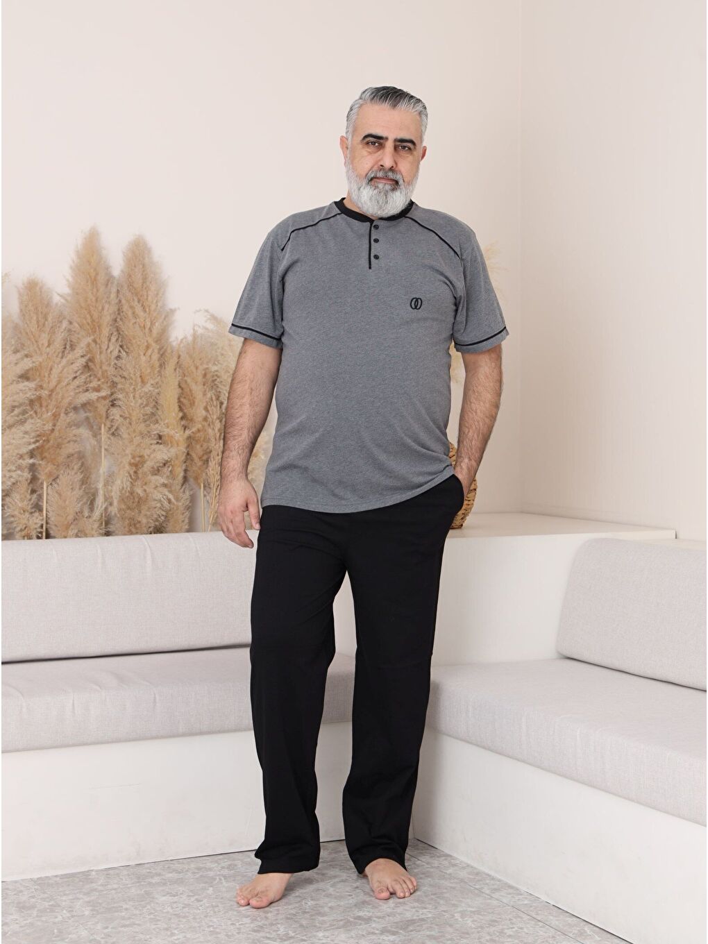 Antrasit PREMIUM Erkek %100 Doğal Pamuk Biyeli Yüksek Kaliteli Düğmeli Kısa Kollu Battal Pijama Takımı-1