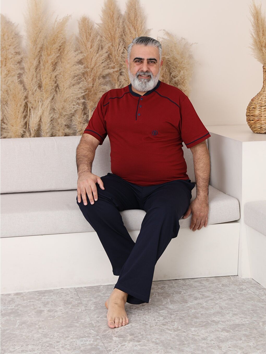 Bordo PREMIUM Erkek %100 Doğal Pamuk Biyeli Yüksek Kaliteli Düğmeli Kısa Kollu Battal Pijama Takımı-4