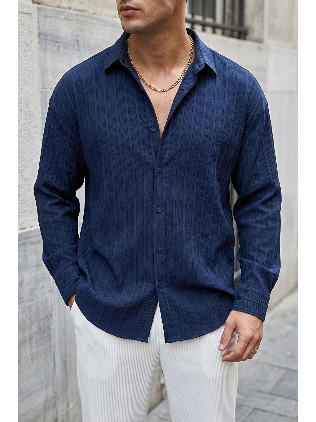 Lacivert Maze Premium Oversize Erkek Gömlek Dokulu Çizgili