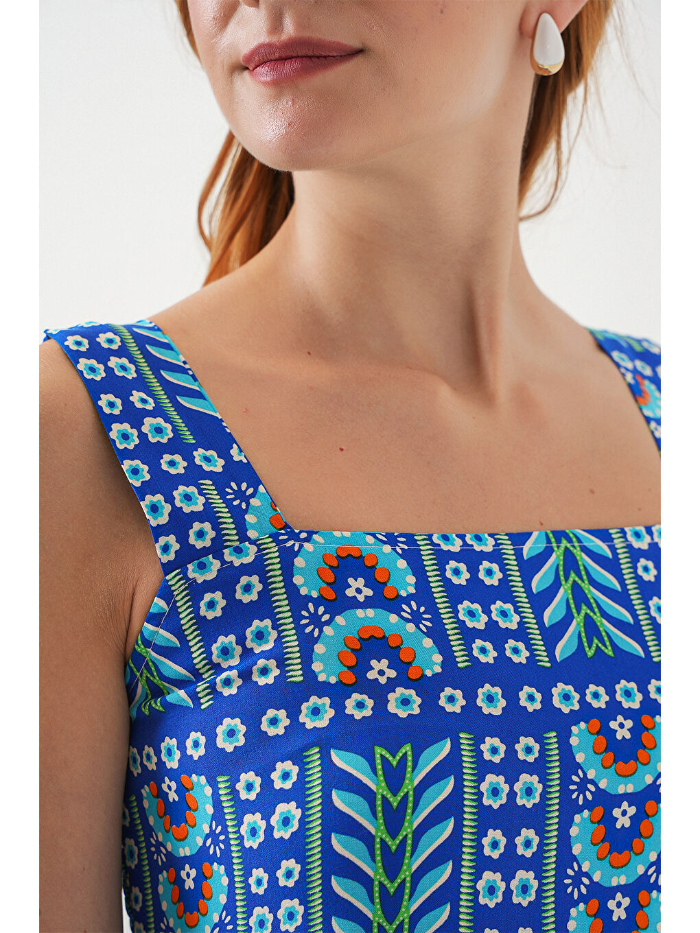 Mavi Kadın Desenli Askılı Midi Elbise 2577 - Saks-4