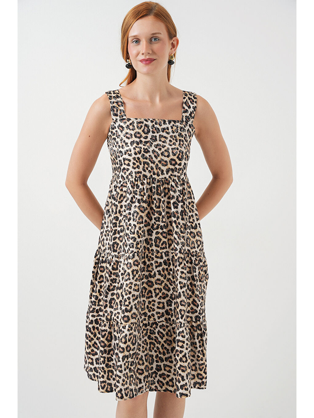 Kadın Desenli Askılı Midi Elbise 2577 - C. Kahverengi-3