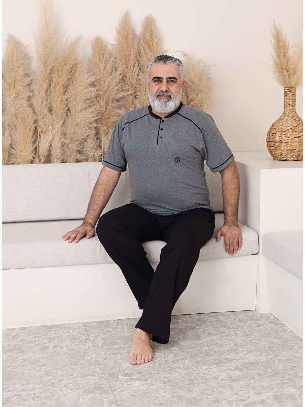 Antrasit PREMIUM Erkek %100 Doğal Pamuk Biyeli Yüksek Kaliteli Düğmeli Kısa Kollu Battal Pijama Takımı-3