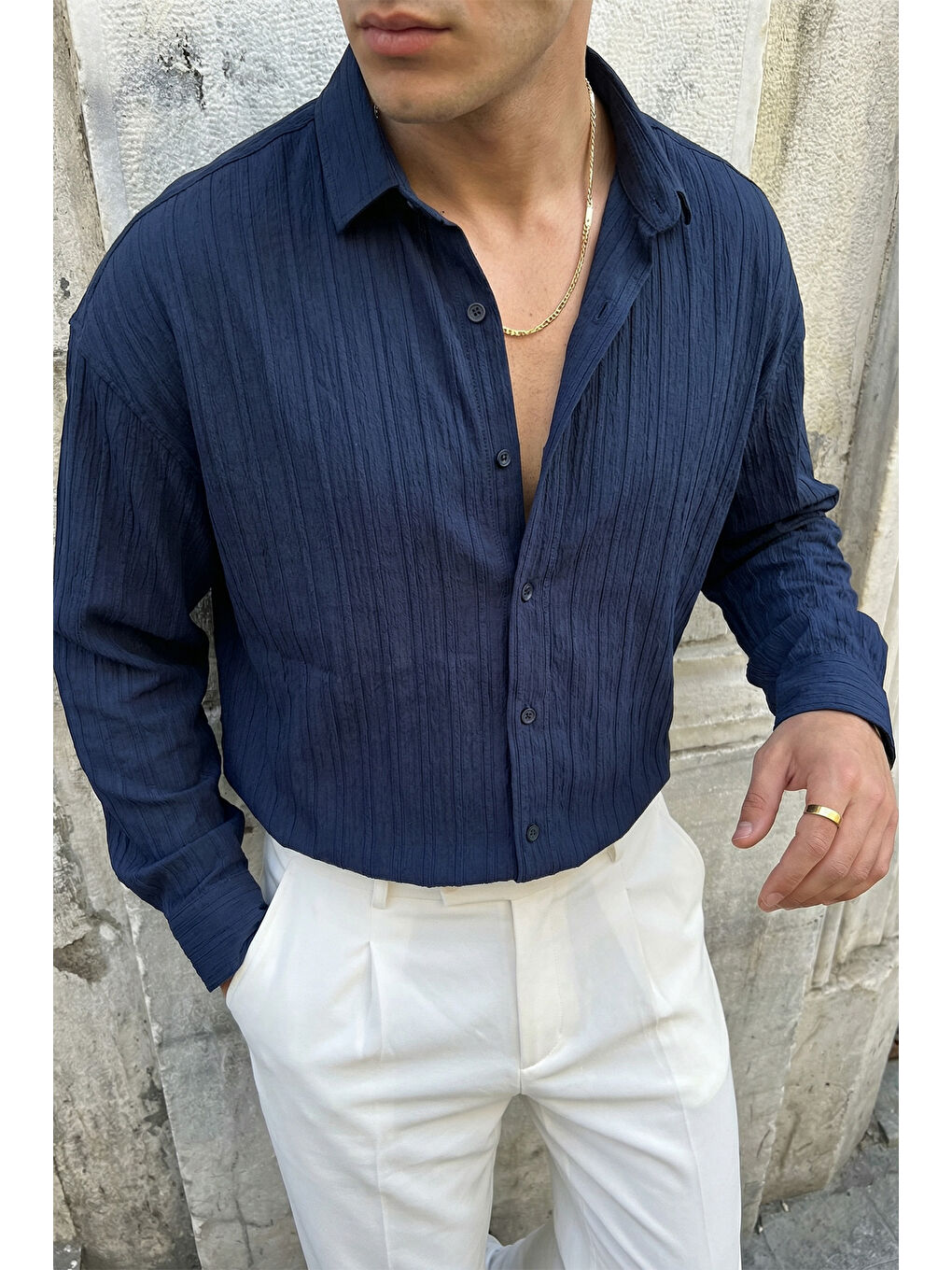 Lacivert Maze Premium Oversize Erkek Gömlek Dokulu Çizgili-1