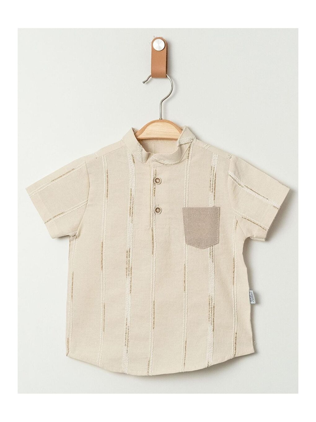 Ekru Tarz Gömlek Çizgi Desenli Belden Ayarlanabilir Kısa Kollu Şortlu 2'li Takım Çocuk ve Bebek Giyi-5