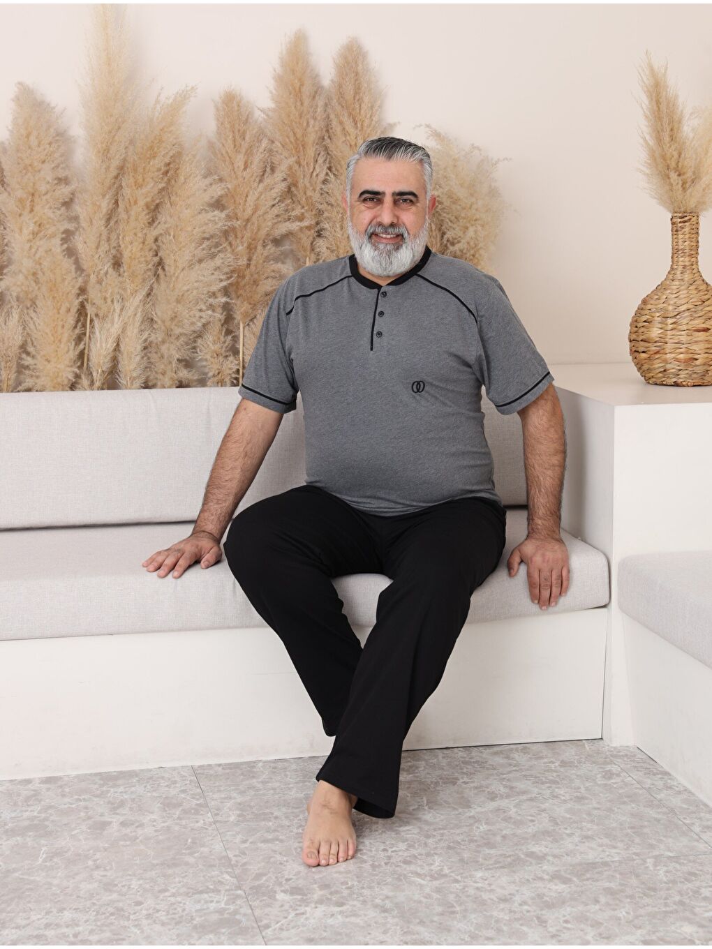 Antrasit PREMIUM Erkek %100 Doğal Pamuk Biyeli Yüksek Kaliteli Düğmeli Kısa Kollu Battal Pijama Takımı-4