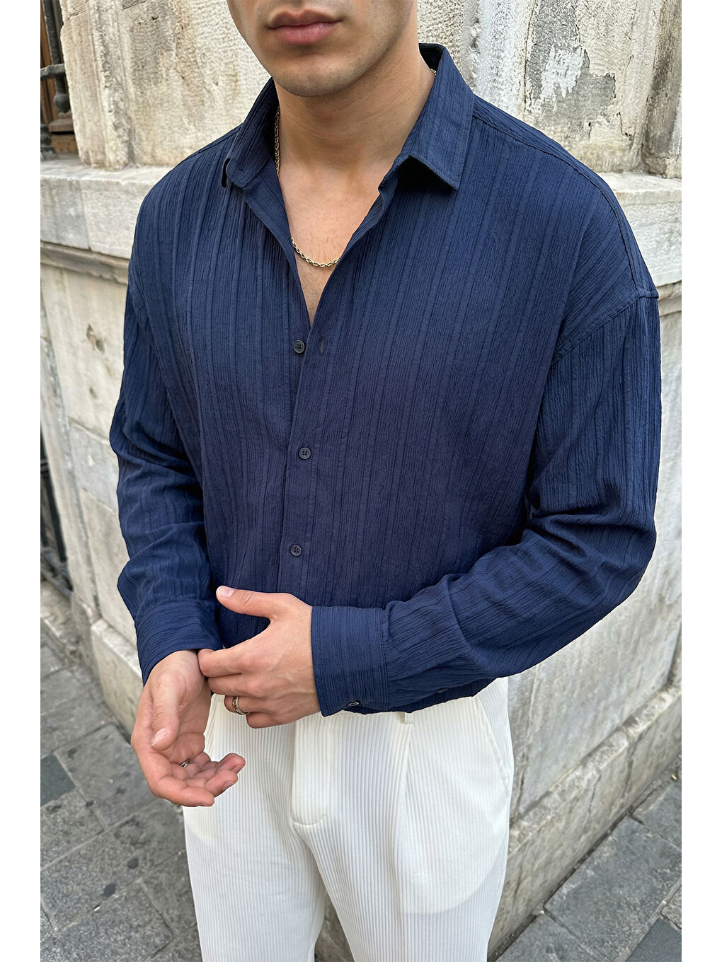 Lacivert Maze Premium Oversize Erkek Gömlek Dokulu Çizgili-2