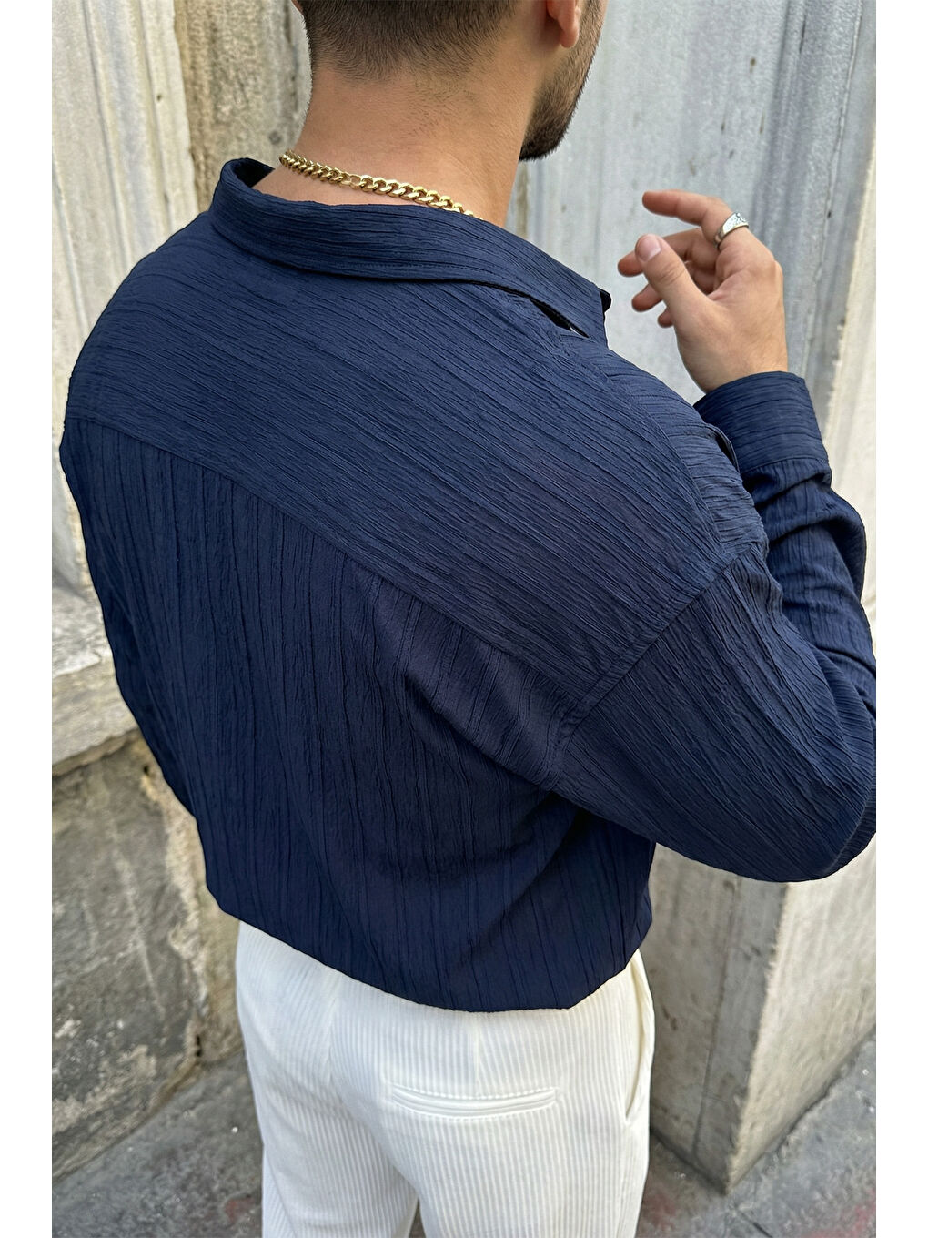 Lacivert Maze Premium Oversize Erkek Gömlek Dokulu Çizgili-3