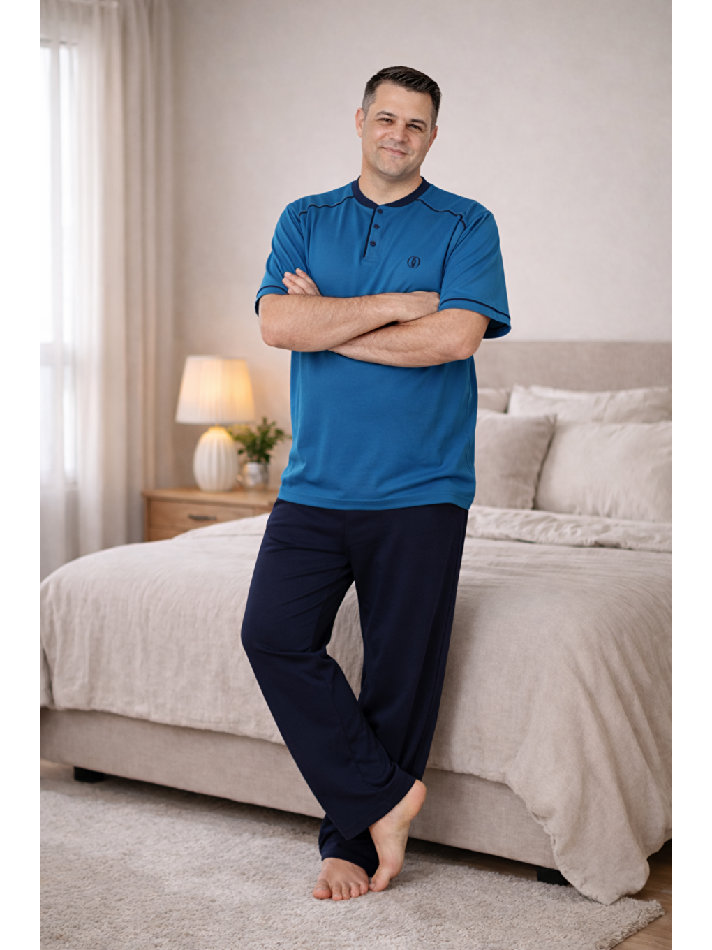 İndigo PREMIUM Erkek %100 Doğal Pamuk Biyeli Yüksek Kaliteli Düğmeli Kısa Kollu Battal Pijama Takımı