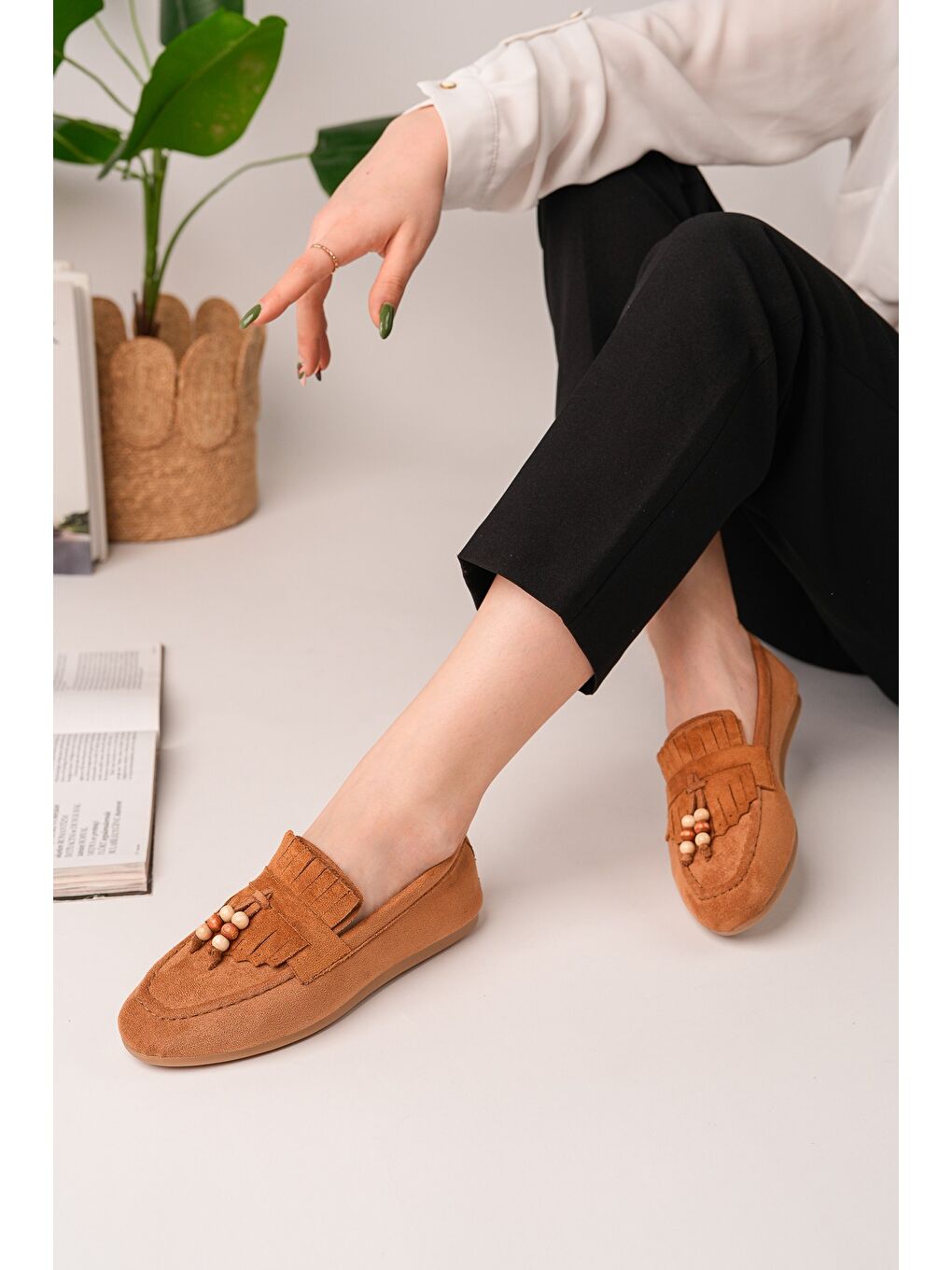 Kahverengi FAWN Renkli Boncuk Detaylı Kadın Günlük Loafer Ayakkabı-5