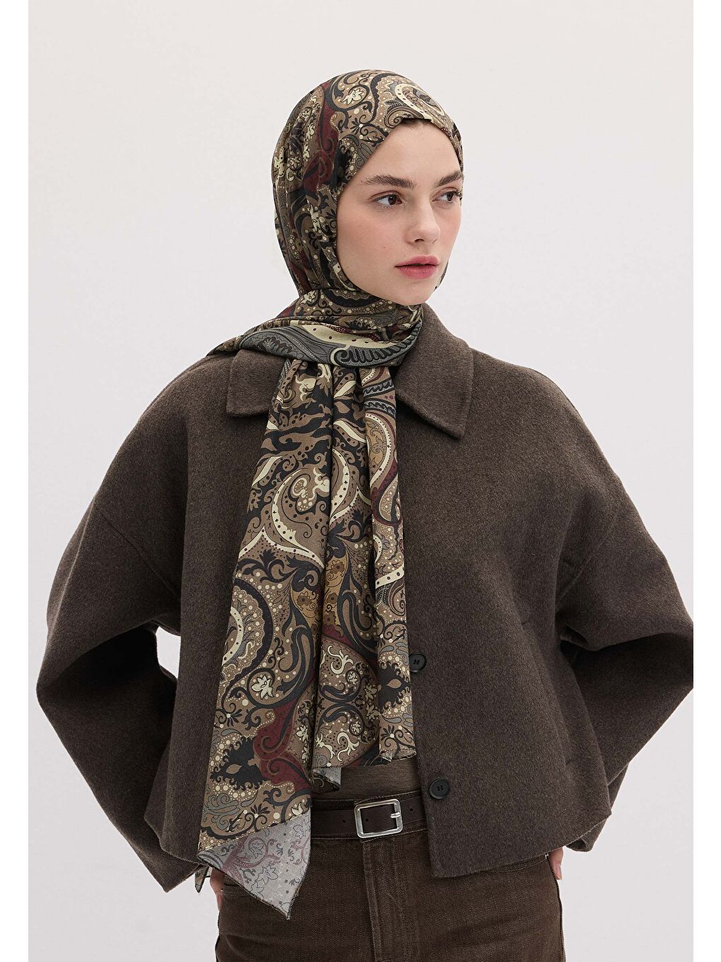 Kahverengi Etnıc Paısley Desen Şal Tozlu Kahve