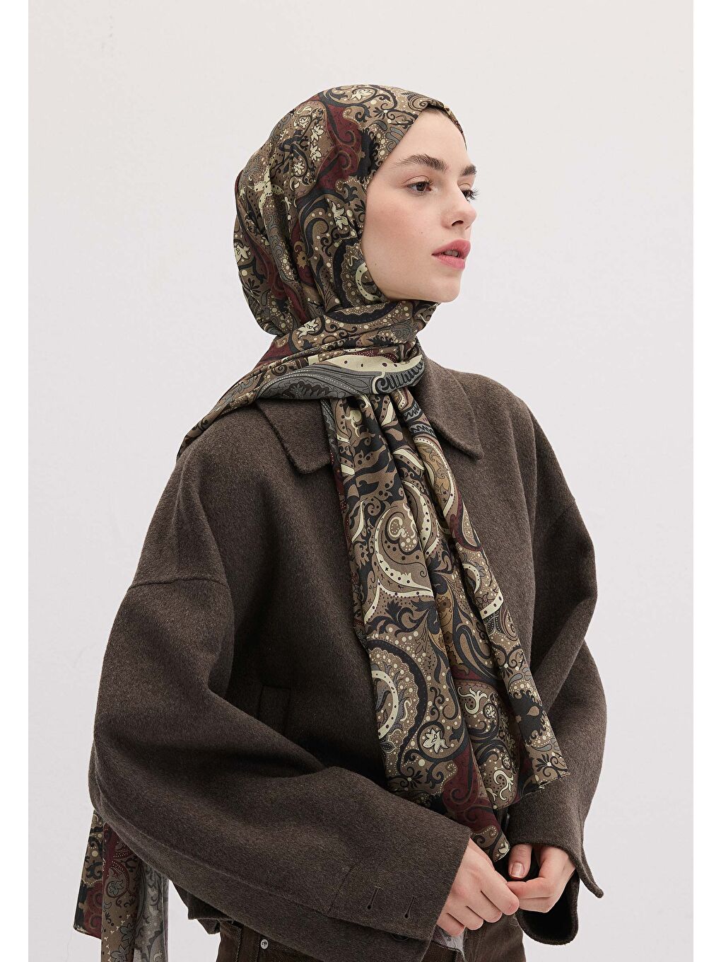 Kahverengi Etnıc Paısley Desen Şal Tozlu Kahve-1