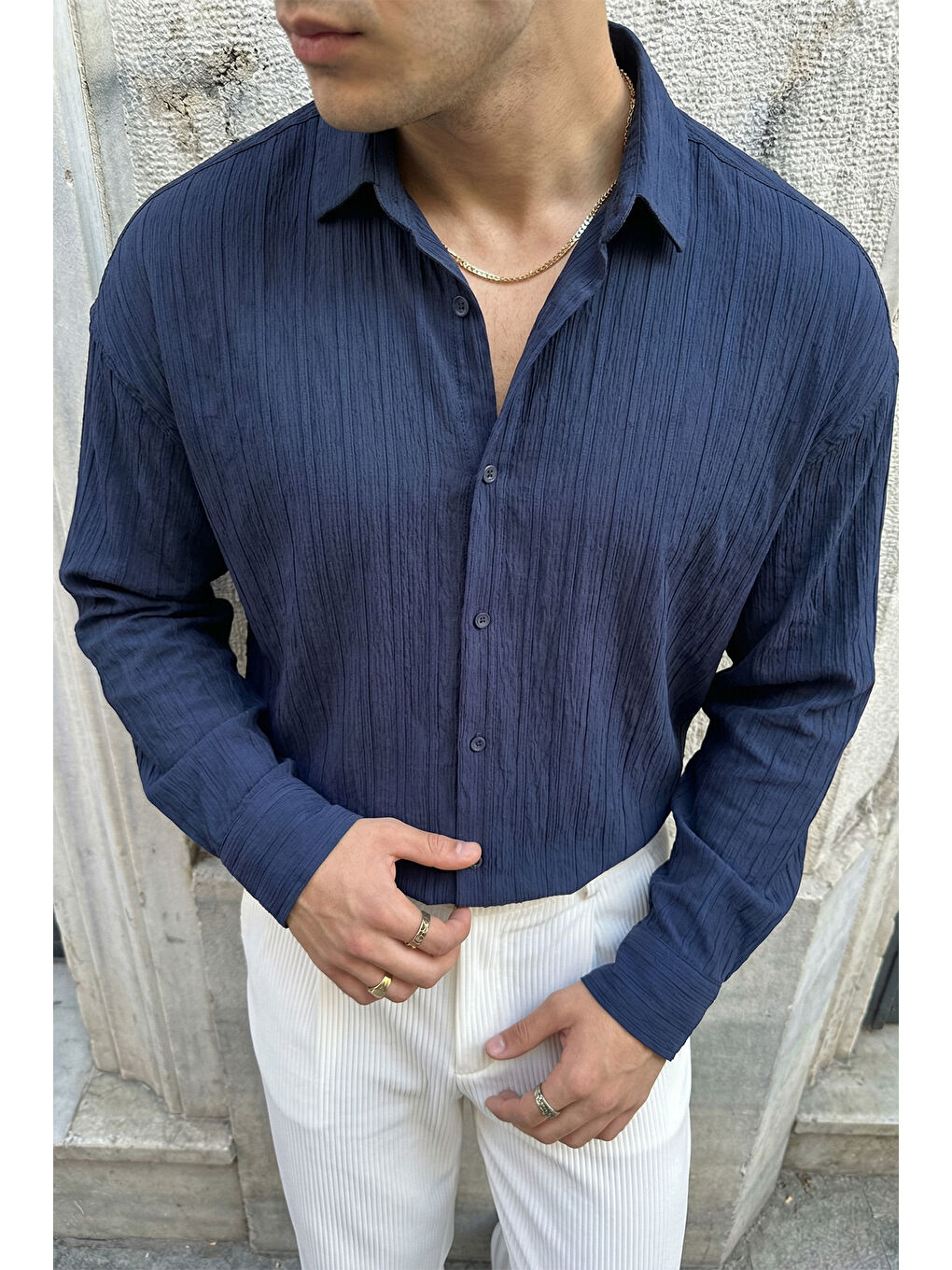 Lacivert Maze Premium Oversize Erkek Gömlek Dokulu Çizgili-4