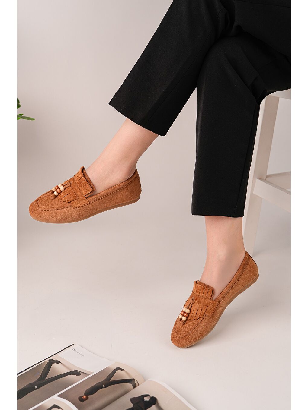 Kahverengi FAWN Renkli Boncuk Detaylı Kadın Günlük Loafer Ayakkabı-6