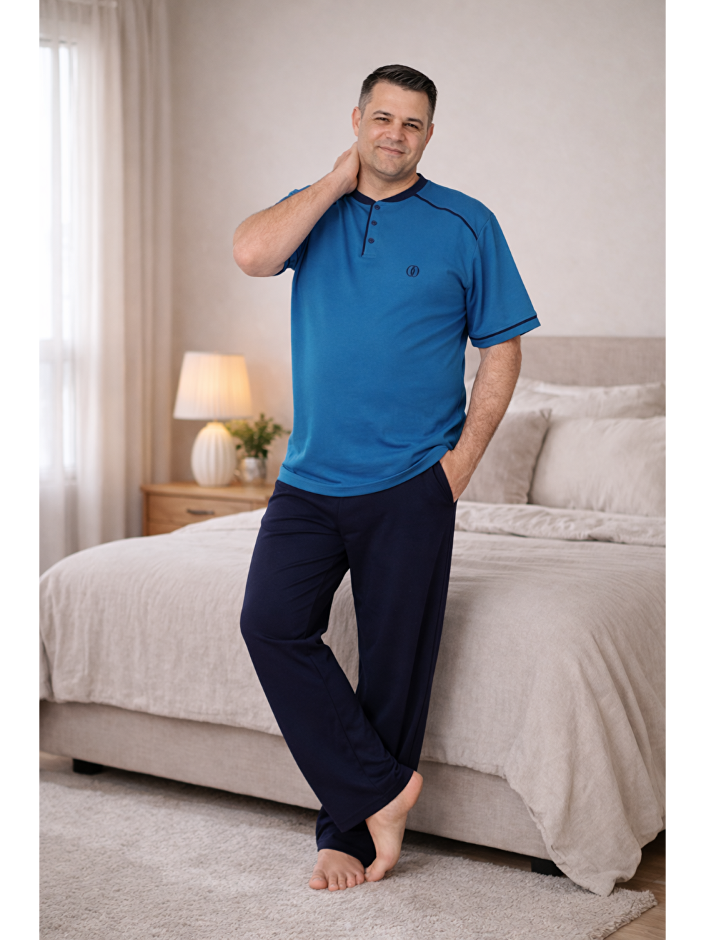 İndigo PREMIUM Erkek %100 Doğal Pamuk Biyeli Yüksek Kaliteli Düğmeli Kısa Kollu Battal Pijama Takımı-1