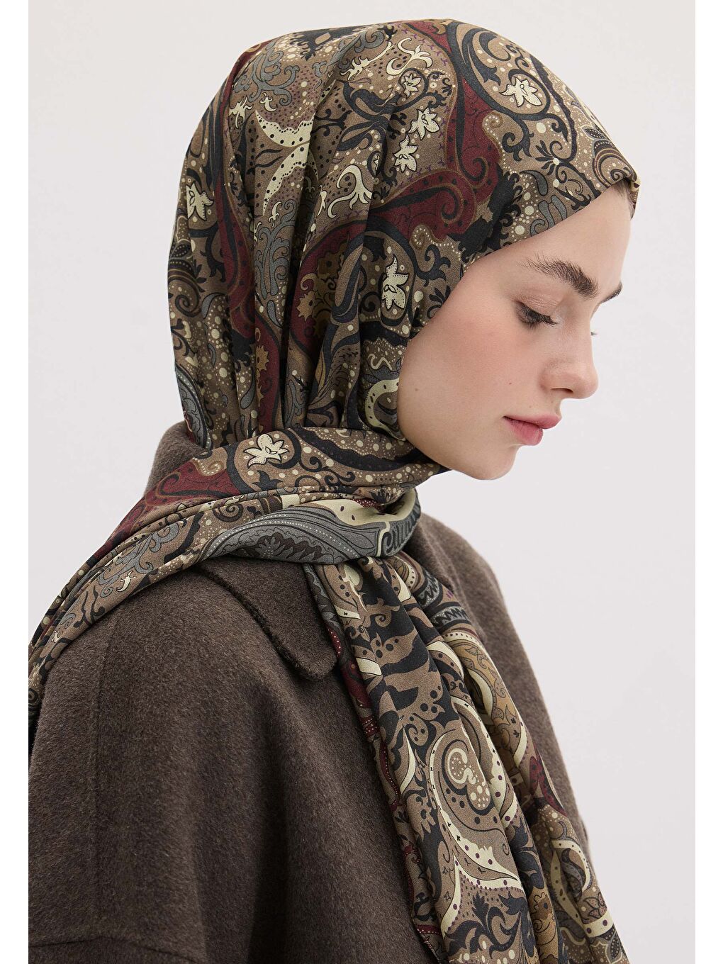 Kahverengi Etnıc Paısley Desen Şal Tozlu Kahve-2