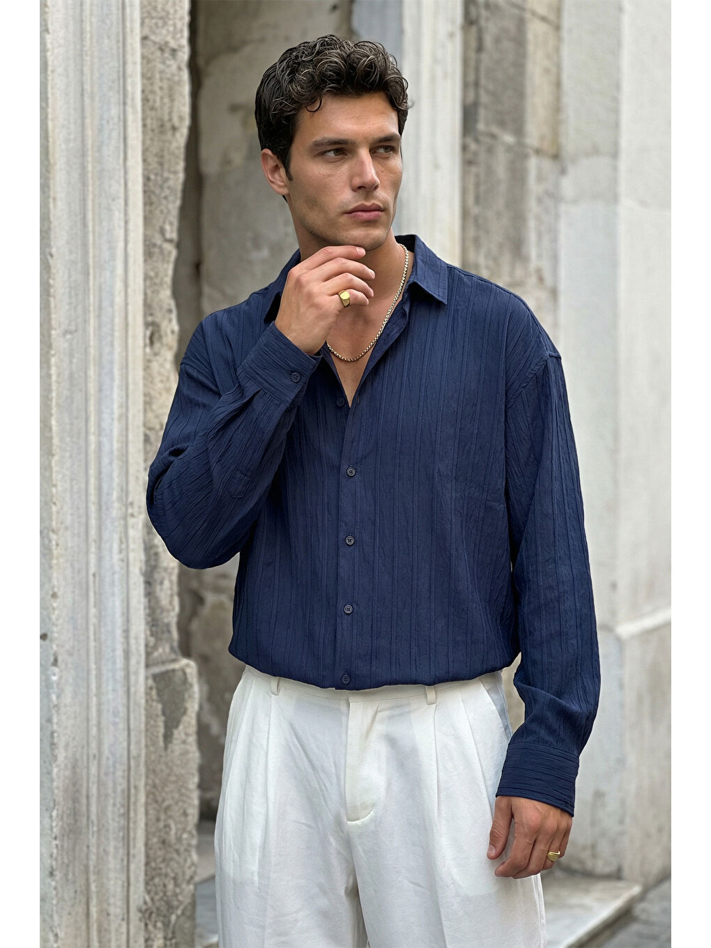 Lacivert Maze Premium Oversize Erkek Gömlek Dokulu Çizgili-5