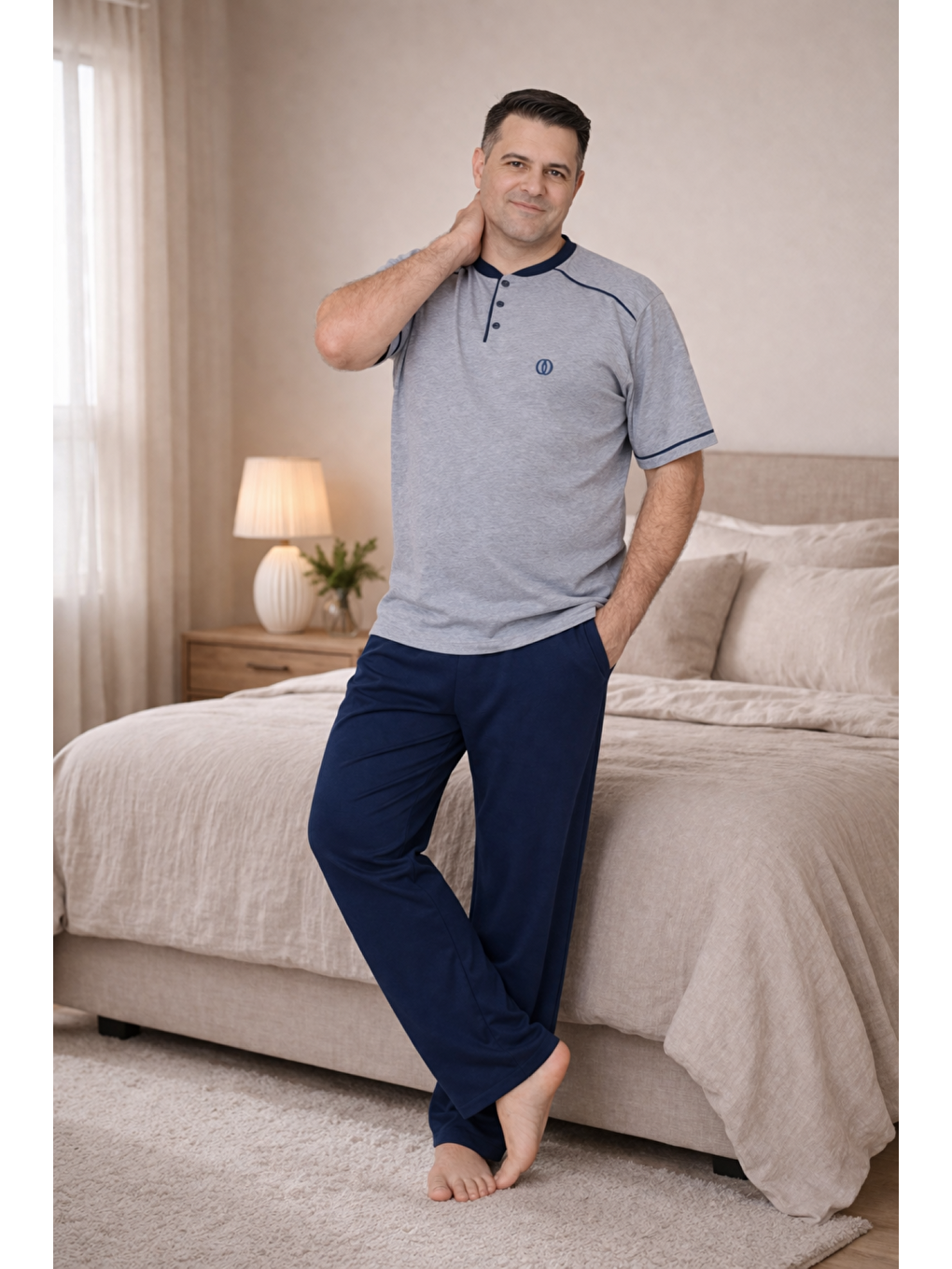 Gri PREMIUM Erkek %100 Doğal Pamuk Biyeli Yüksek Kaliteli Düğmeli Kısa Kollu Battal Pijama Takımı