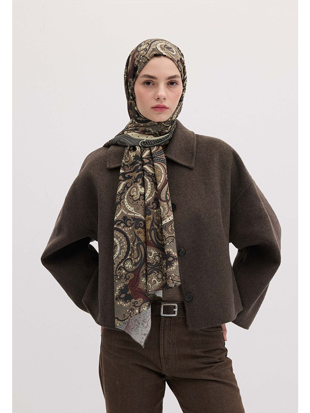 Kahverengi Etnıc Paısley Desen Şal Tozlu Kahve-3