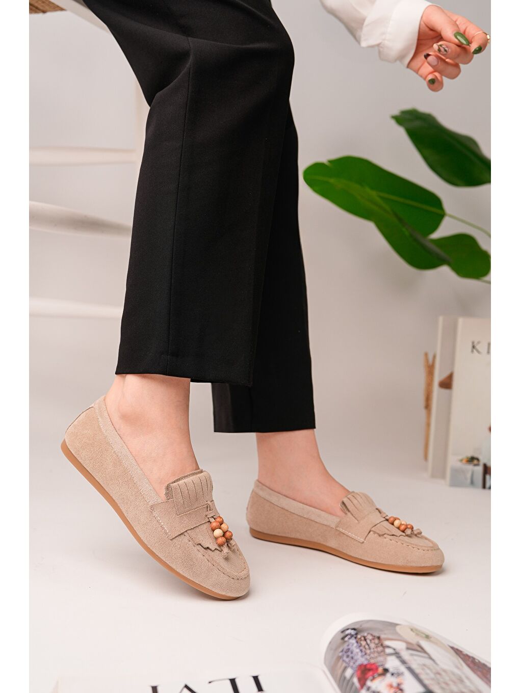 Bej FAWN Renkli Boncuk Detaylı Kadın Günlük Loafer Ayakkabı-4