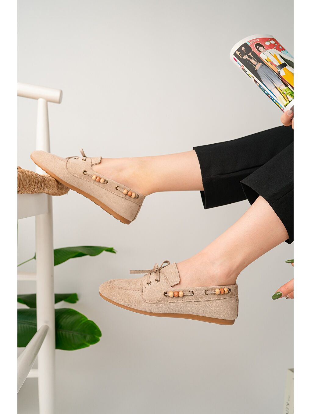 Bej MULTİ Renkli Boncuk Detaylı Kadın Günlük Bağcıklı Loafer Ayakkabı-2