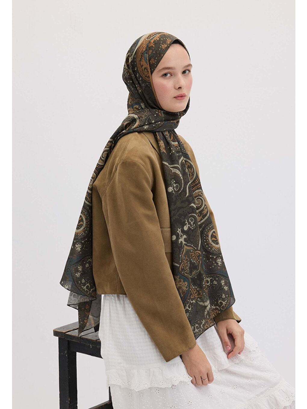 Kahverengi Etnıc Paısley Desen Şal Acı Kahve-2