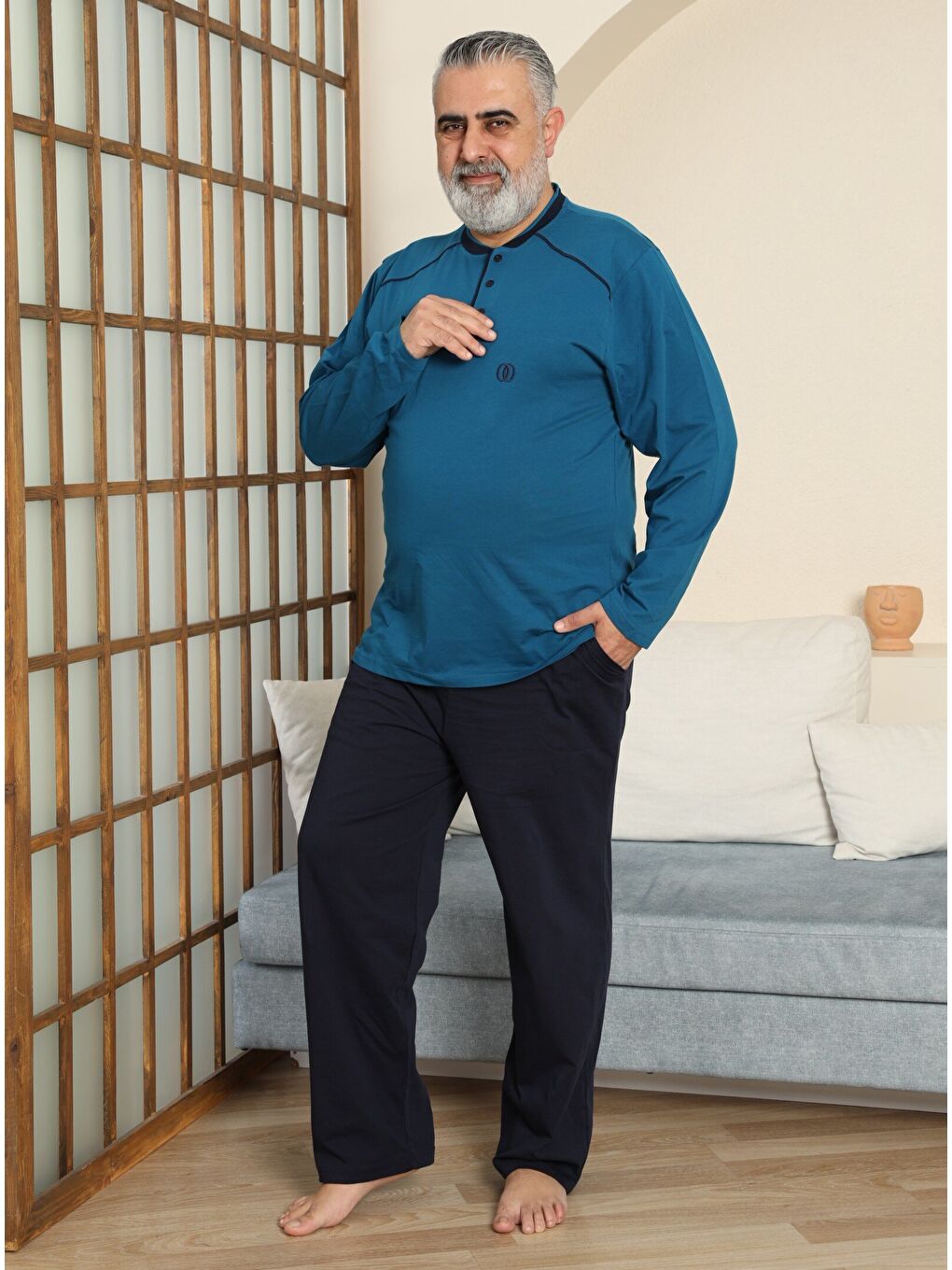 İndigo PREMIUM Erkek %100 Doğal Pamuk Biyeli Yüksek Kaliteli Düğmeli Kısa Kollu Battal Pijama Takımı-2