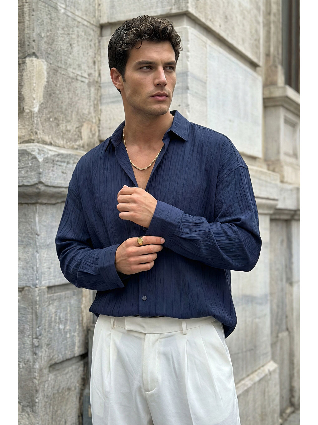 Lacivert Maze Premium Oversize Erkek Gömlek Dokulu Çizgili-6