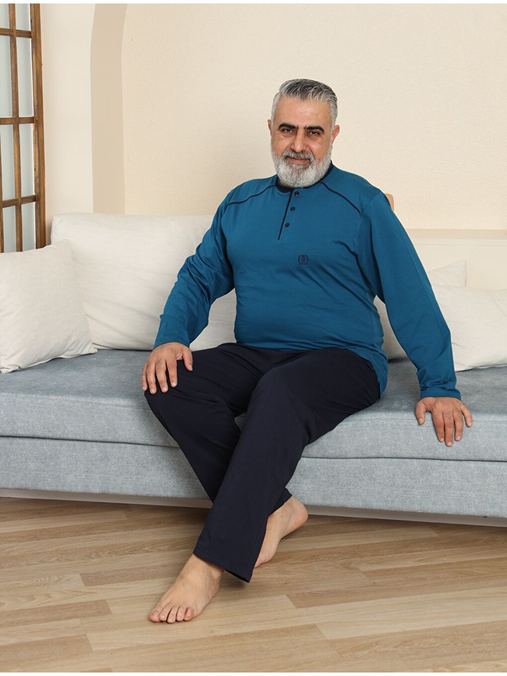 İndigo PREMIUM Erkek %100 Doğal Pamuk Biyeli Yüksek Kaliteli Düğmeli Kısa Kollu Battal Pijama Takımı-3