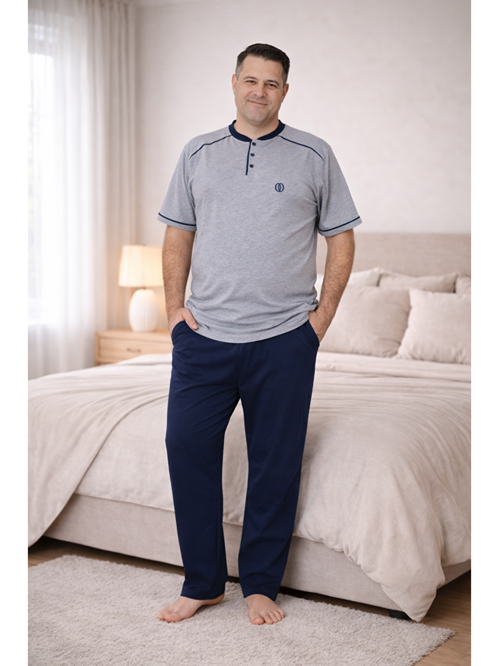 Gri PREMIUM Erkek %100 Doğal Pamuk Biyeli Yüksek Kaliteli Düğmeli Kısa Kollu Battal Pijama Takımı-1