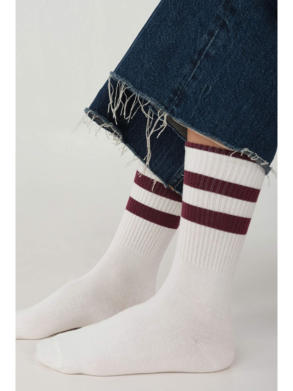 Lastik Örgülü Soket Çorap Beyaz-Bordo-2