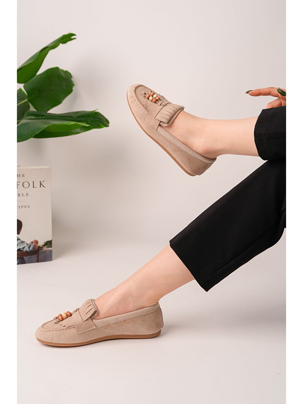 Bej FAWN Renkli Boncuk Detaylı Kadın Günlük Loafer Ayakkabı-6