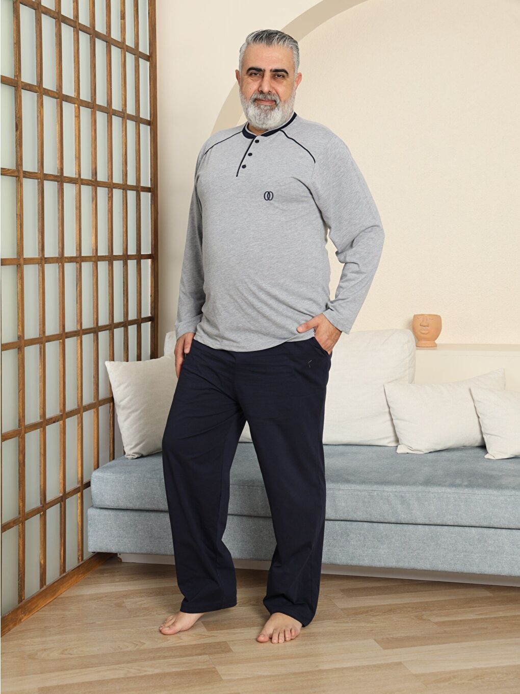 Gri PREMIUM Erkek %100 Doğal Pamuk Biyeli Yüksek Kaliteli Düğmeli Kısa Kollu Battal Pijama Takımı-2