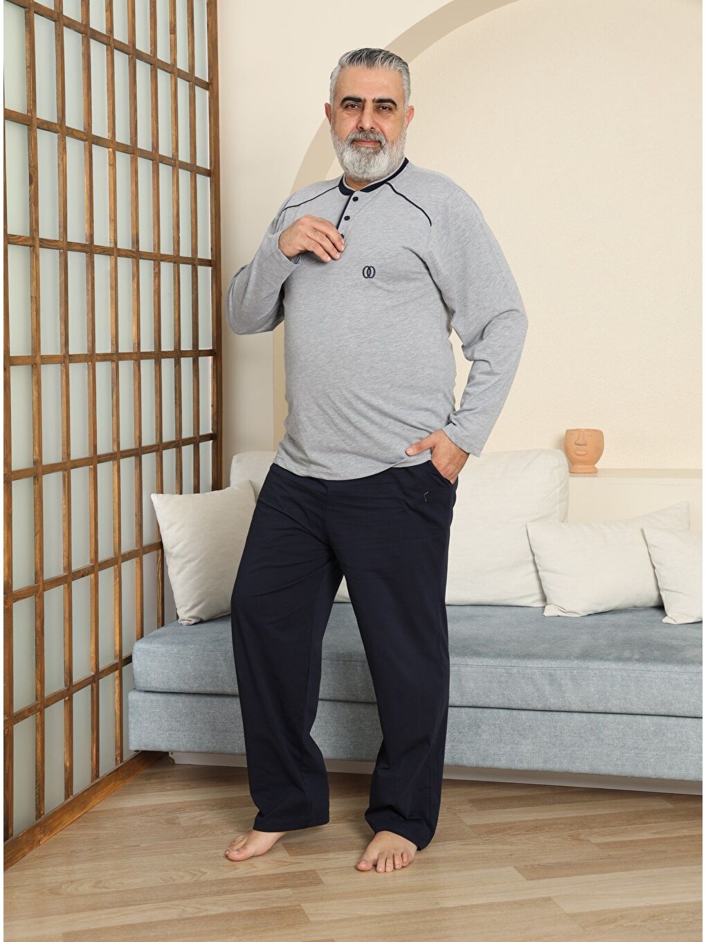 Gri PREMIUM Erkek %100 Doğal Pamuk Biyeli Yüksek Kaliteli Düğmeli Kısa Kollu Battal Pijama Takımı-3