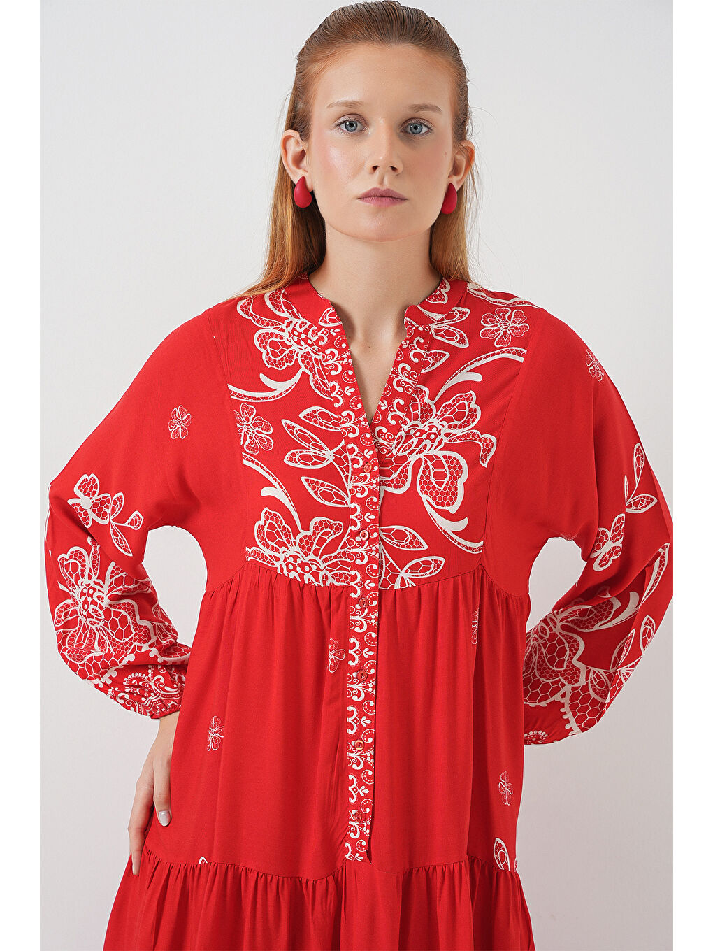 Kadın Desenli Uzun Tesettür Elbise 2585 - D.Kırmızı-1