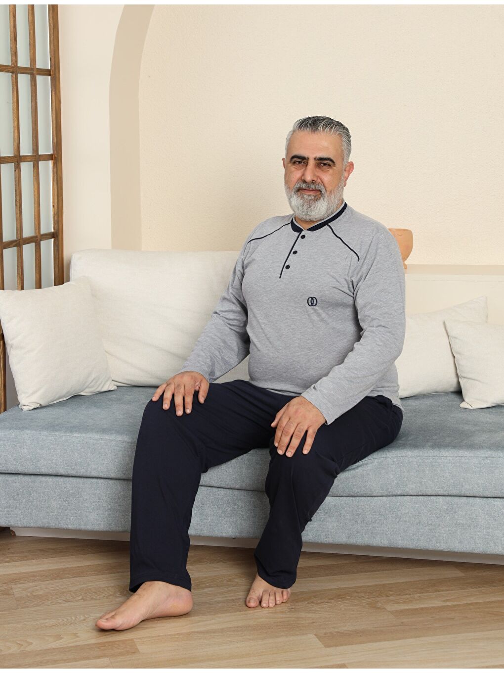 Gri PREMIUM Erkek %100 Doğal Pamuk Biyeli Yüksek Kaliteli Düğmeli Kısa Kollu Battal Pijama Takımı-5