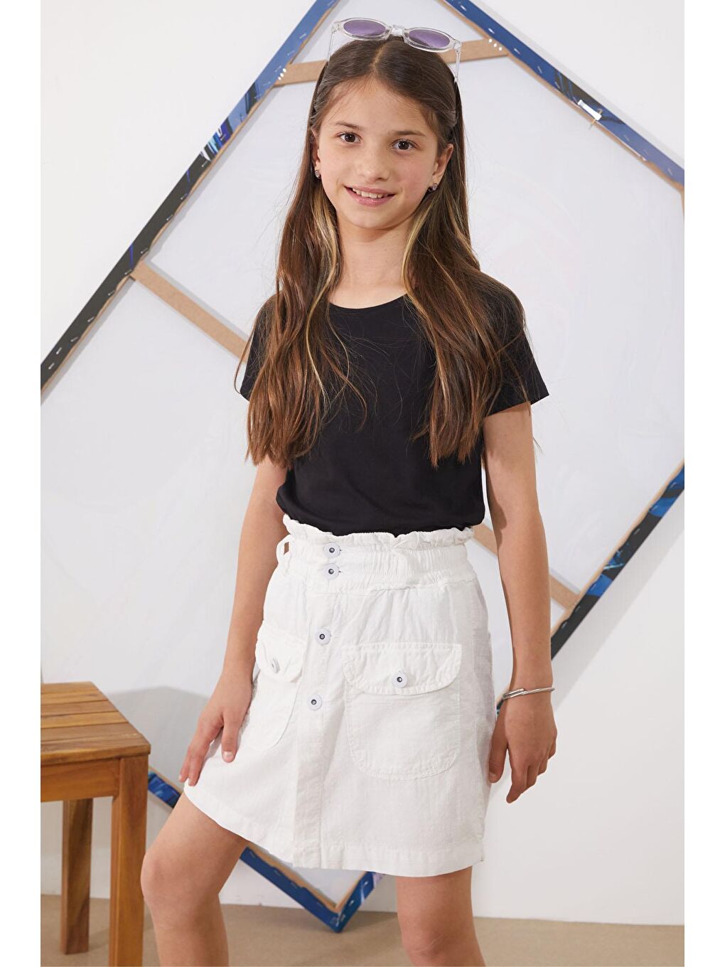 Beyaz Beli Lastikli Düğmeli Kız Çocuk Şort Etek 18949-4