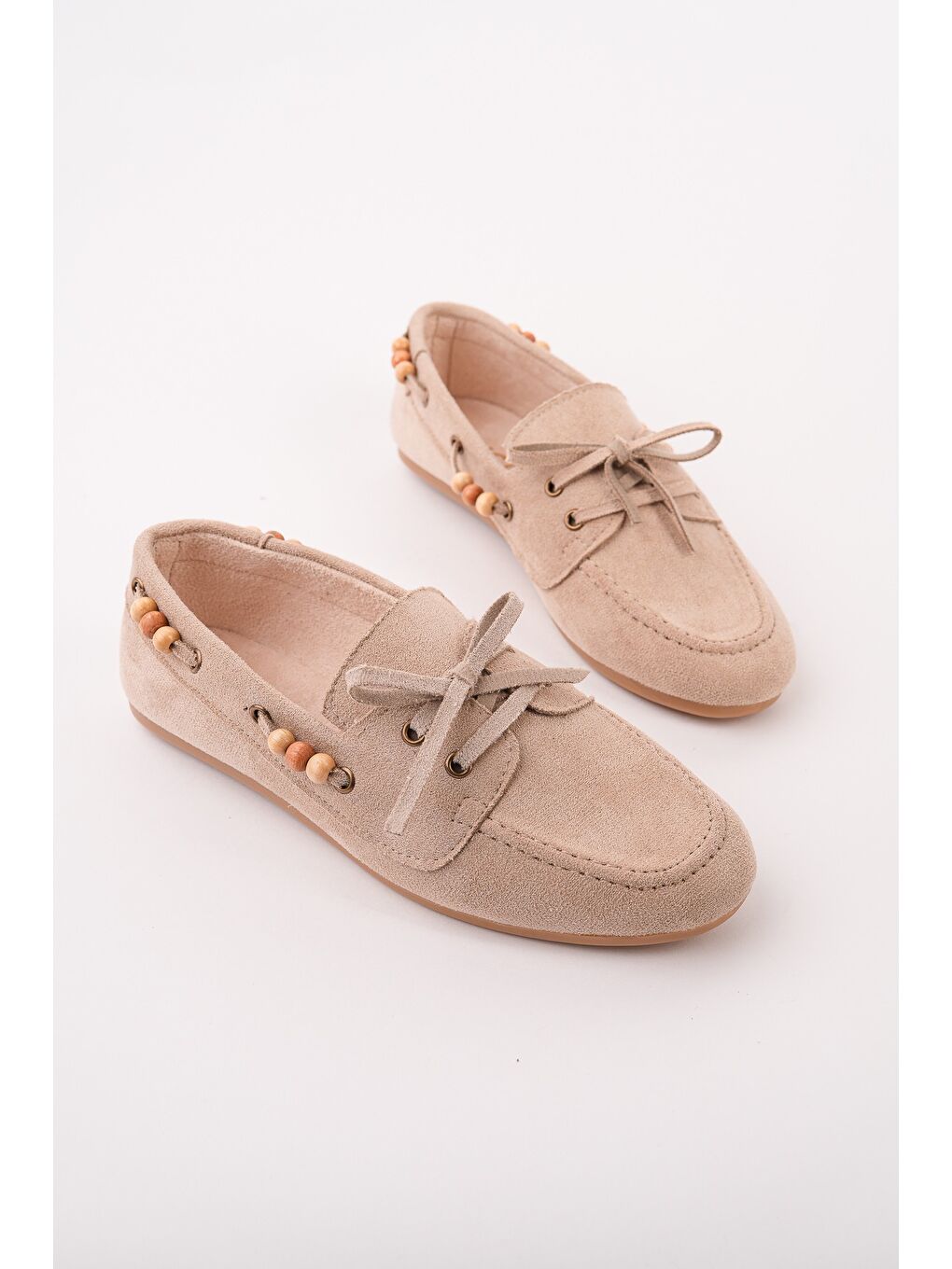 Bej MULTİ Renkli Boncuk Detaylı Kadın Günlük Bağcıklı Loafer Ayakkabı-5