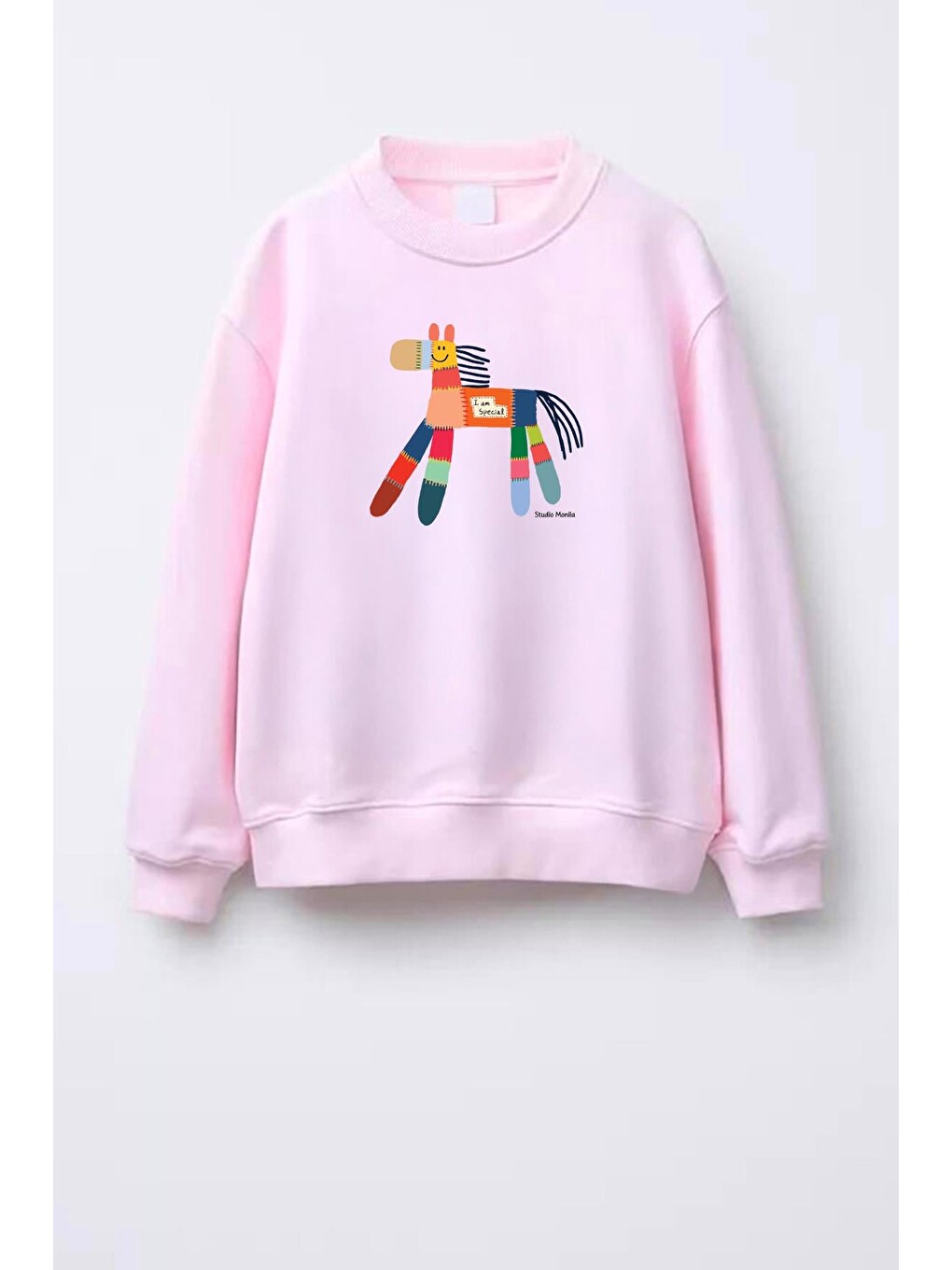 Pembe Unisex Çocuk Baskılı 3 İplik Kumaş Pamuklu Sweatshirt